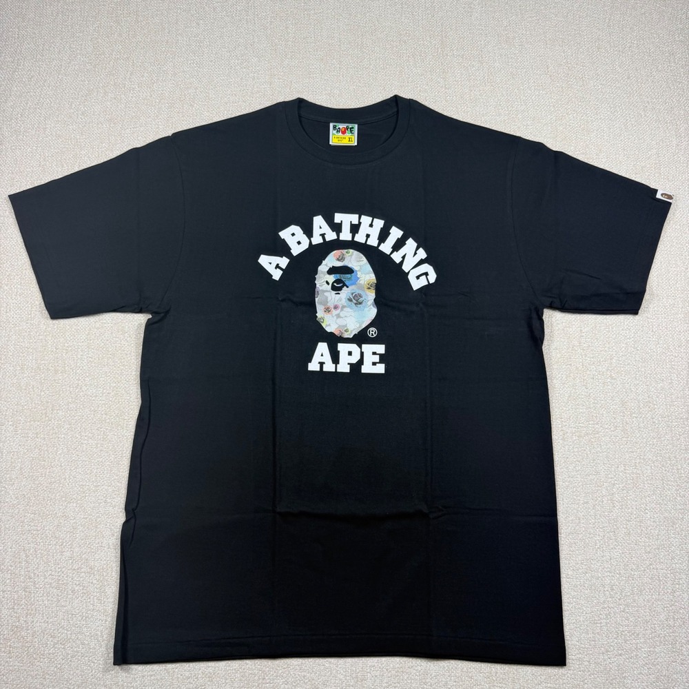 A Bathing Ape BAPE Floral Ape Head College Logo Black T-Shirt Mens XL Brand New